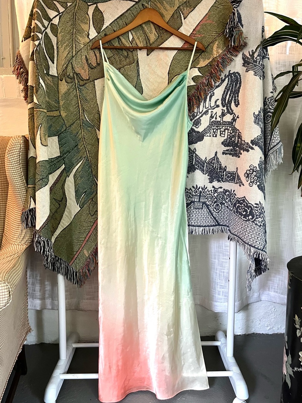 Valerie Stevens Ombre Satin Slip Dress in Mint to Coral